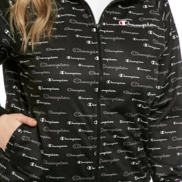 Champion Black Monogram Long Sleeve Cuffed Wrist Zippered Track Jacket WM US 2XL - Picture 10 of 12